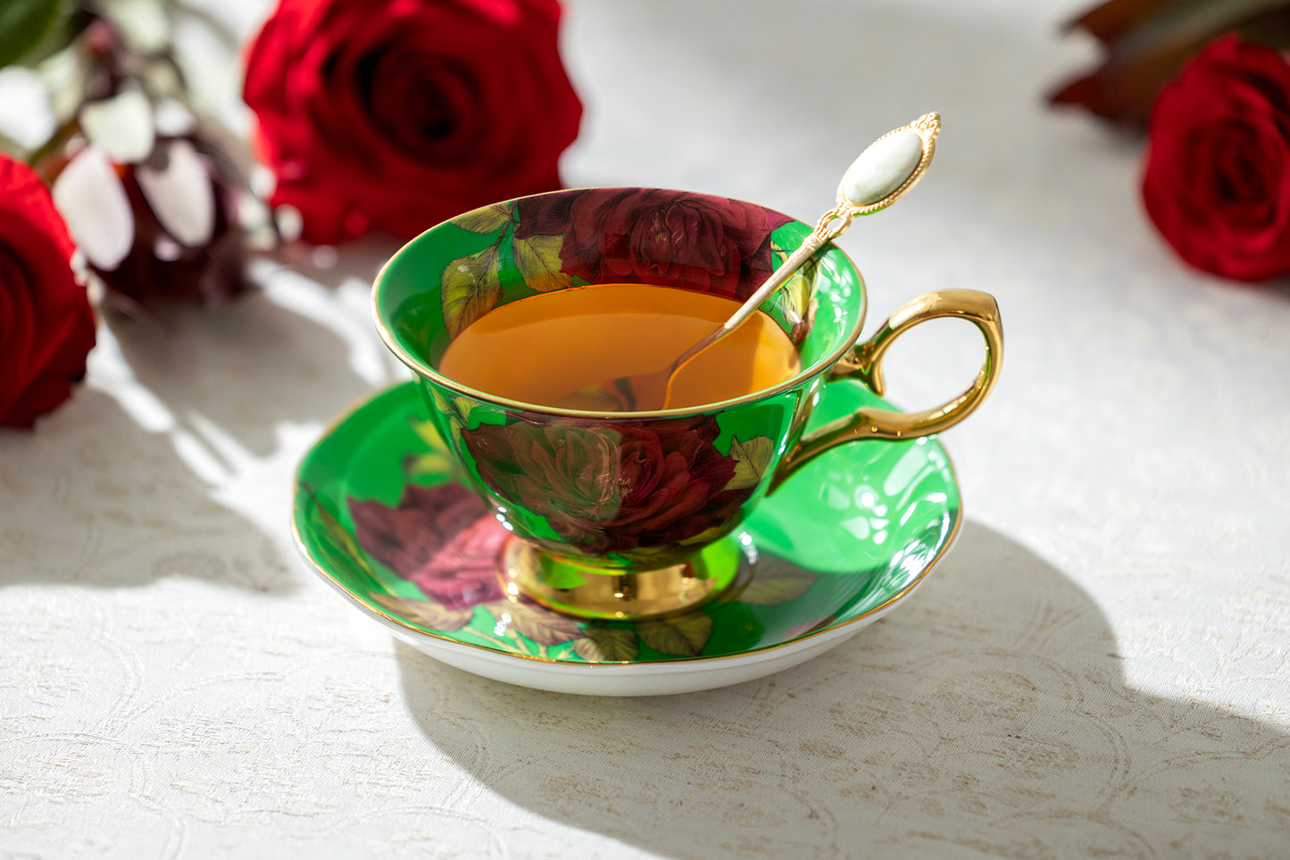 Gold Green Stem Rose Bone China Tea Cup and Saucer