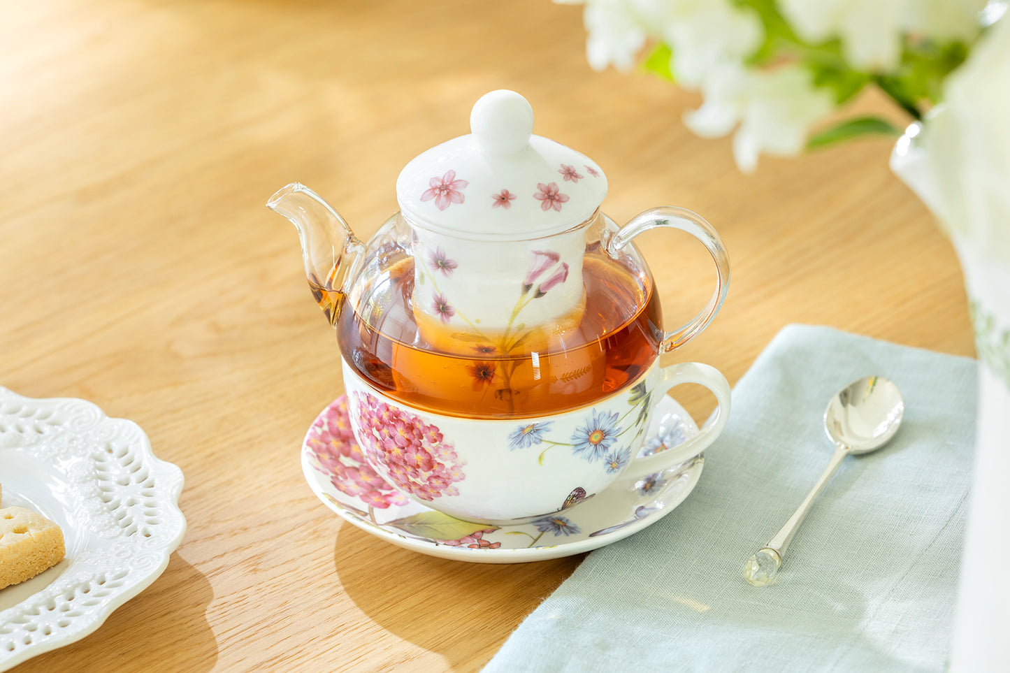 Hydrangea with Butterflies Glass and Fine Porcelain Tea For One Set