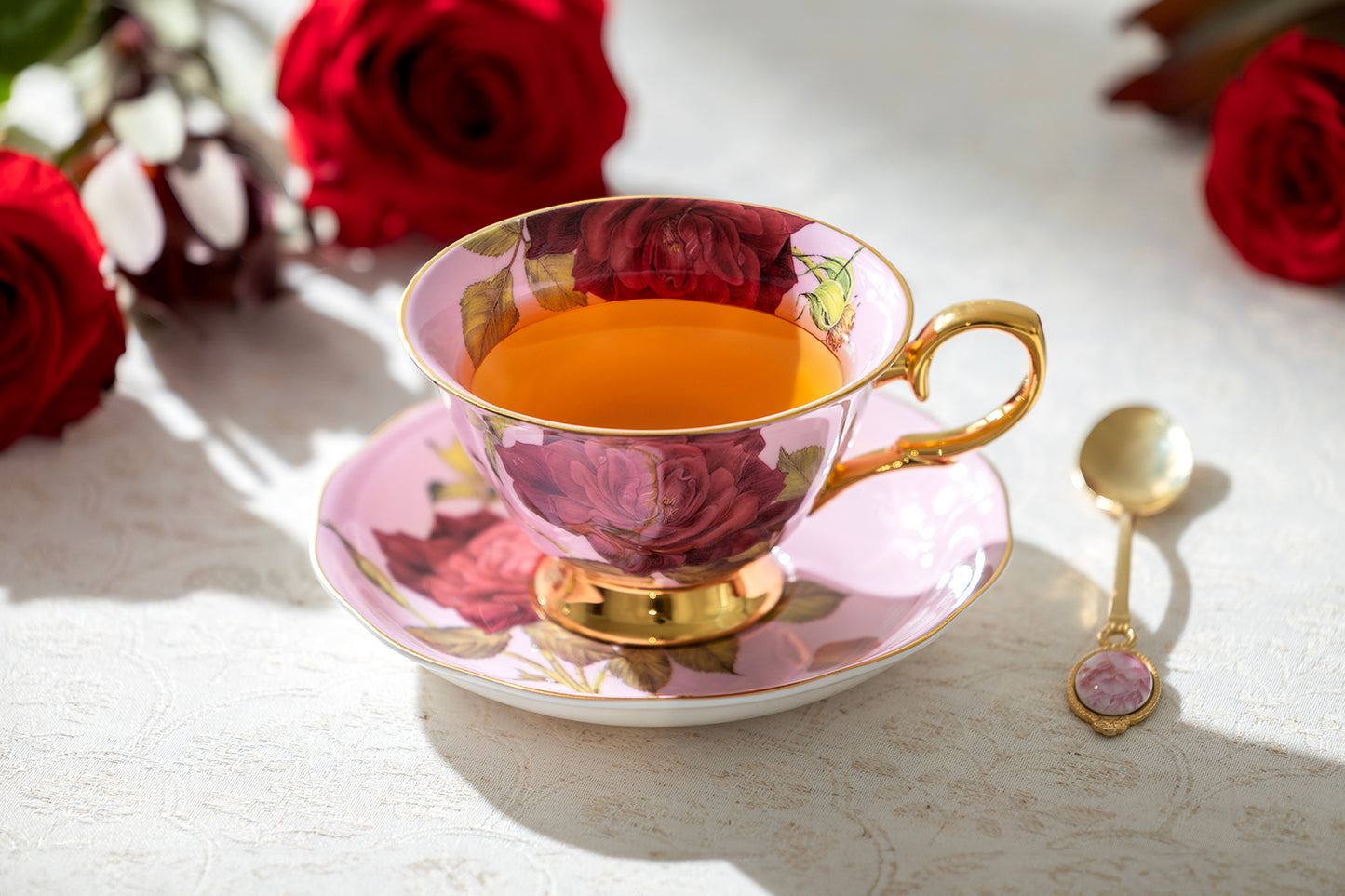 Gold Pink Stem Rose Bone China Tea Cup and Saucer