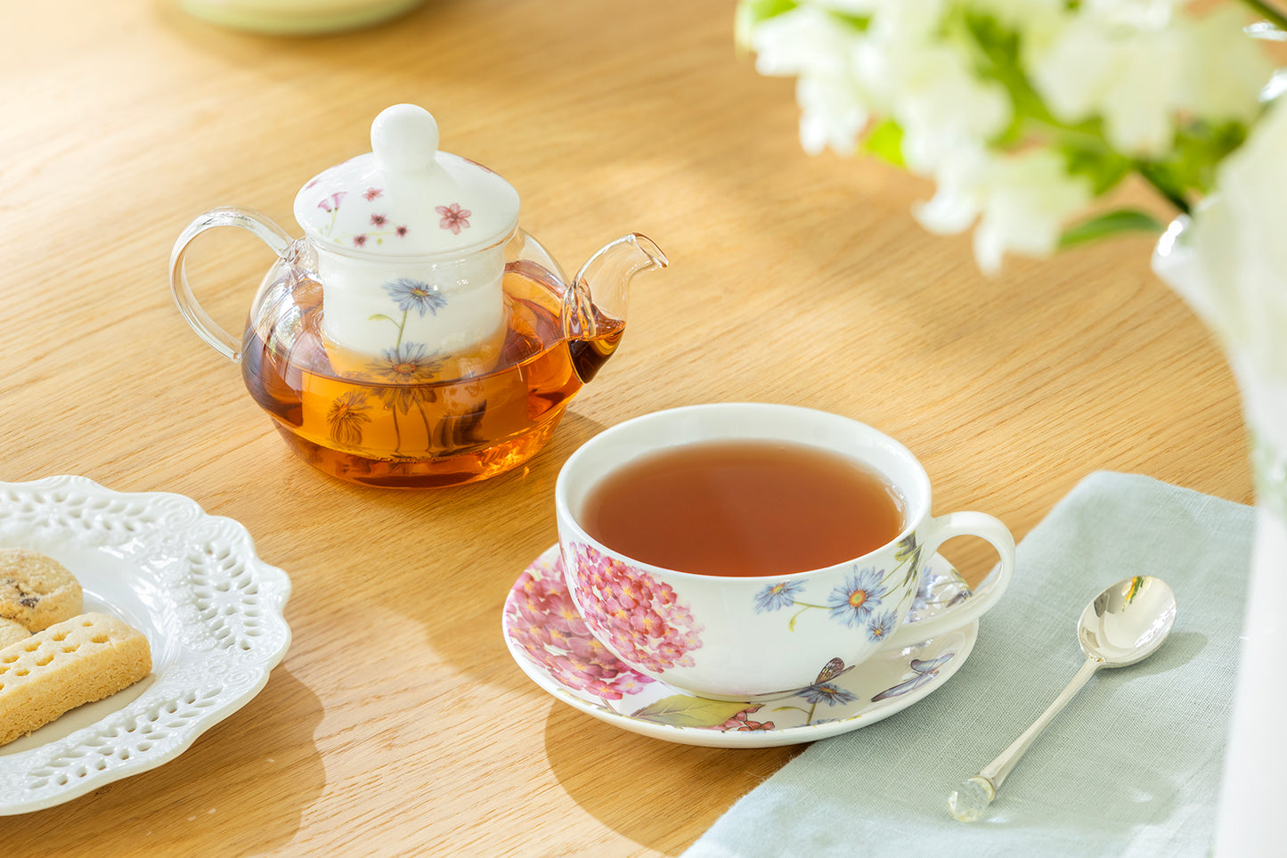 Hydrangea with Butterflies Glass and Fine Porcelain Tea For One Set