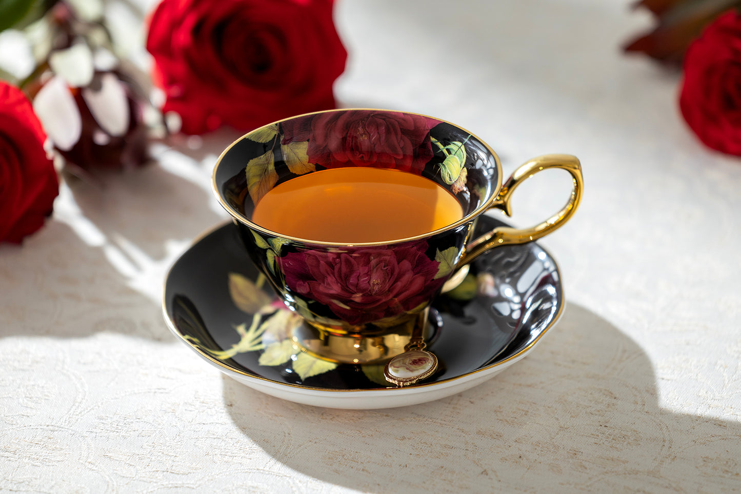 Gold Black Stem Rose Bone China Tea Cup and Saucer