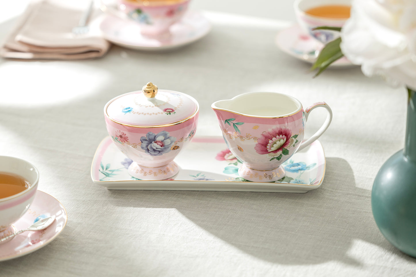 Pink Flower Garden Fine Porcelain Sugar Creamer & Serving Tray Set