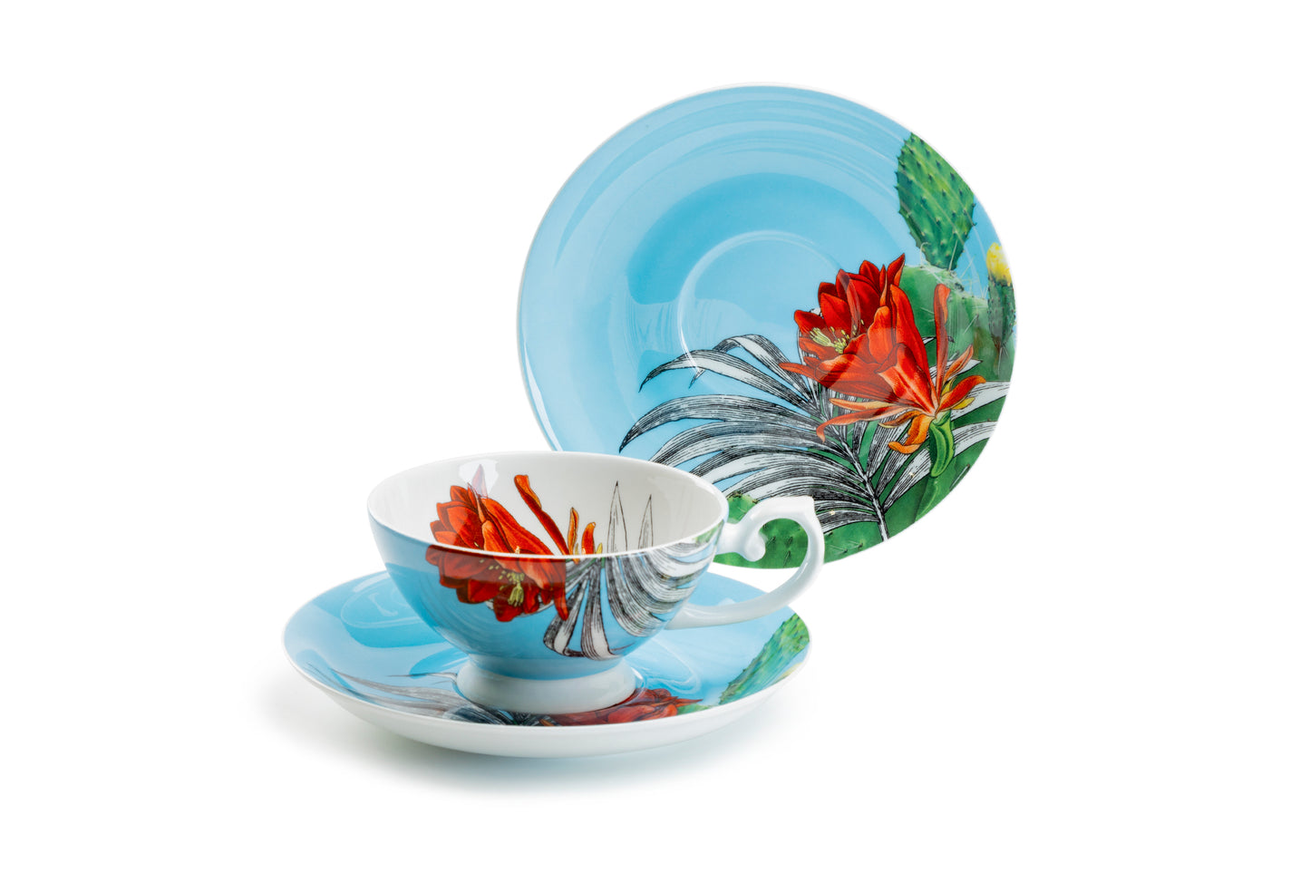 Cactus Flower and Palm Leaf Bone China Tea Cup and Saucer