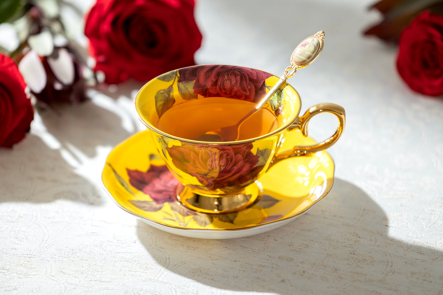 Gold Yellow Stem Rose Bone China Tea Cup and Saucer