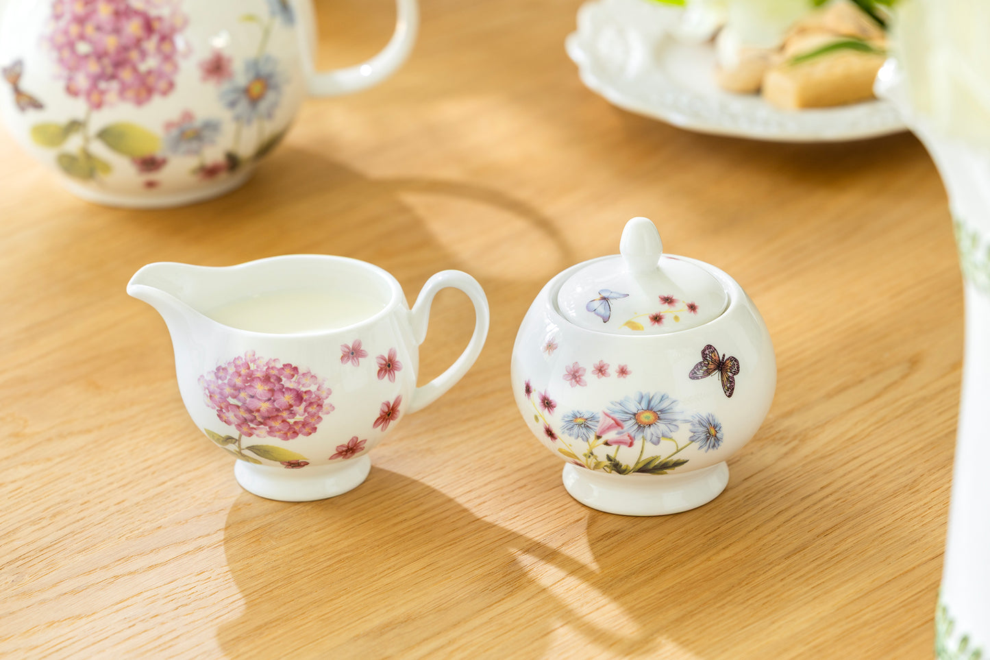 Hydrangea with Butterflies Fine Porcelain Sugar & Creamer Set
