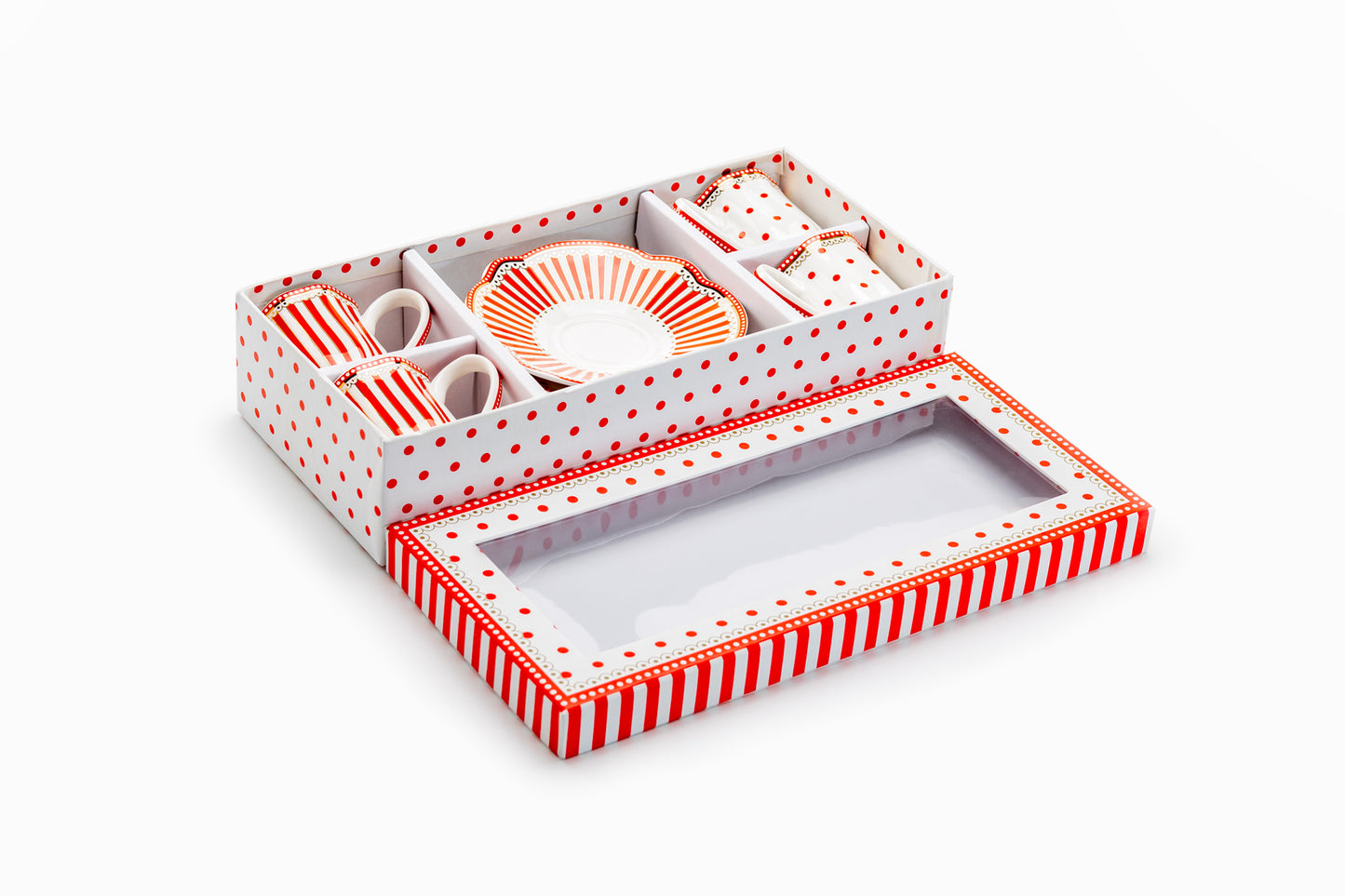 Red Josephine Stripes and Dots 2oz Demitasse Cups and Saucers with Gift Box