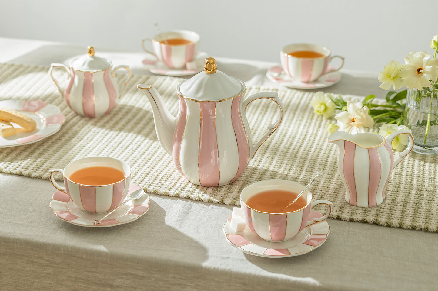 Pink and White Scallop Fine Porcelain Tea Set