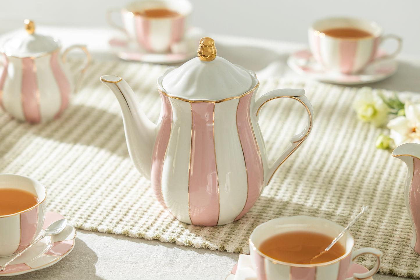 Pink and White Scallop Fine Porcelain Teapot