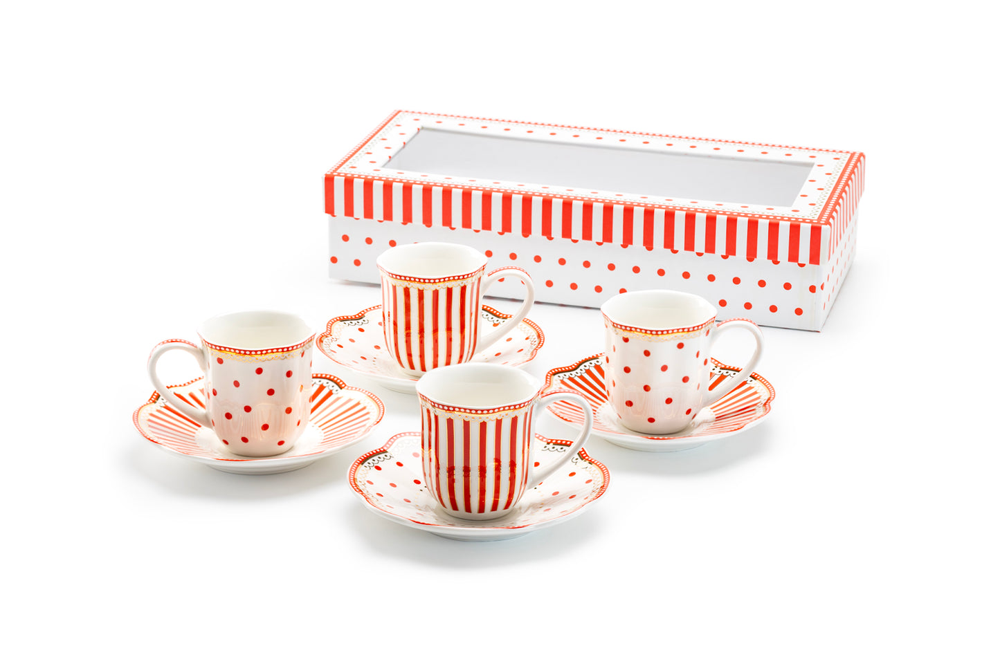 Red Josephine Stripes and Dots 2oz Demitasse Cups and Saucers with Gift Box