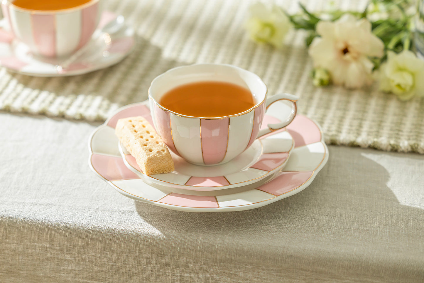 Pink and White Scallop Fine Porcelain Tea Cup and Saucer