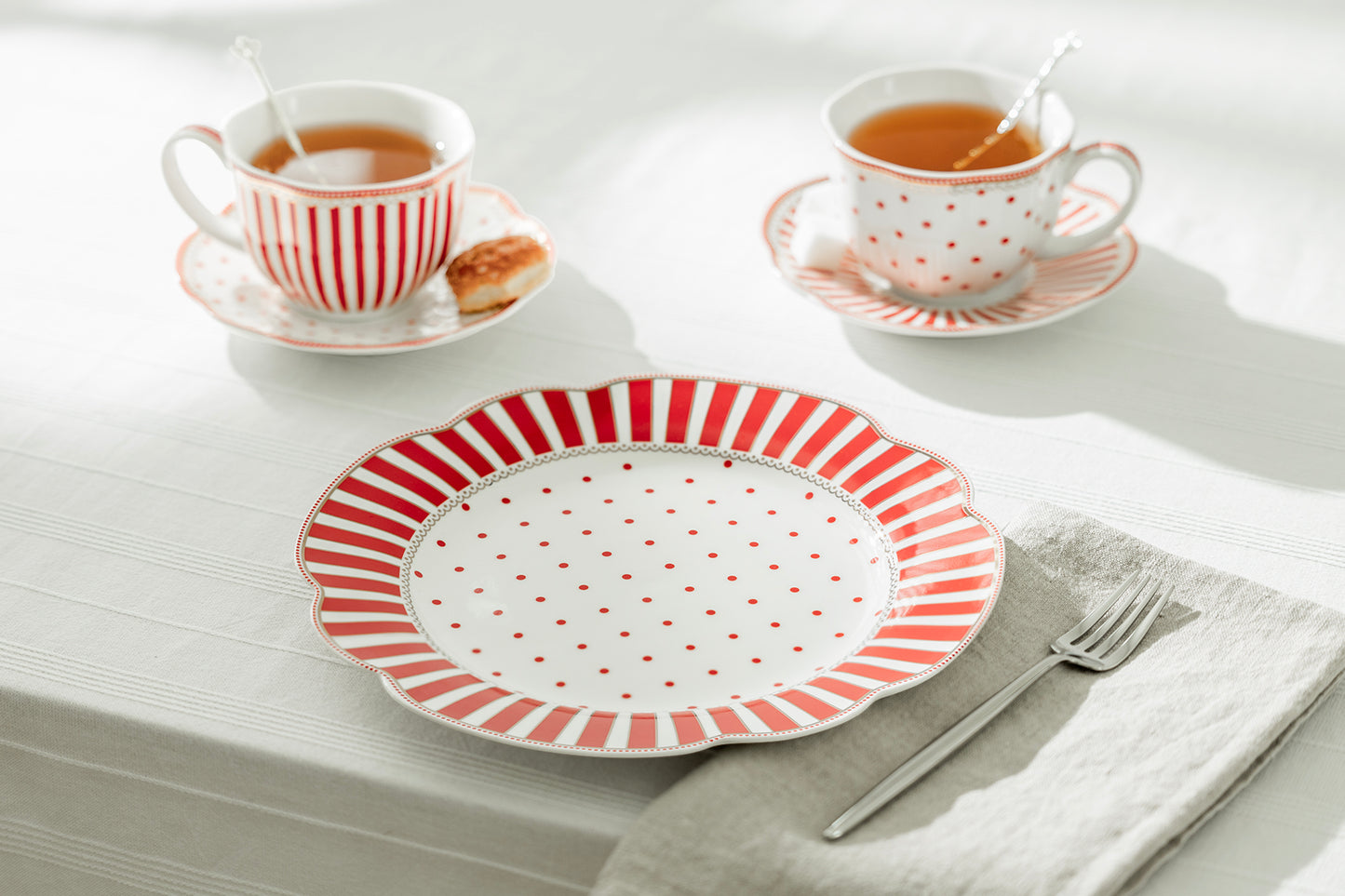 Red Josephine Stripes and Dots Scallop Fine Porcelain Dessert Plate