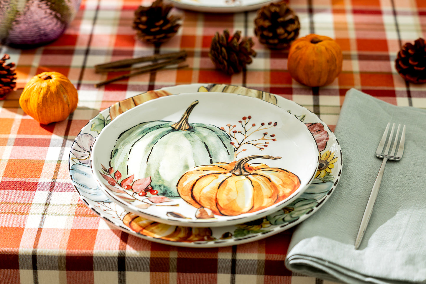 Fall Pumpkins with Holly and Acorns Dessert/Salad Plate