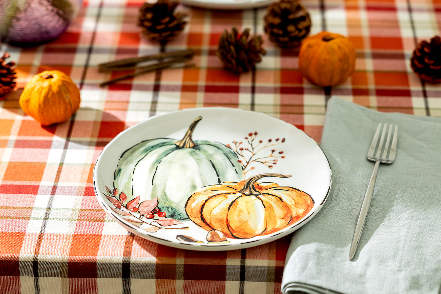 Fall Pumpkins with Holly and Acorns Dessert/Salad Plate