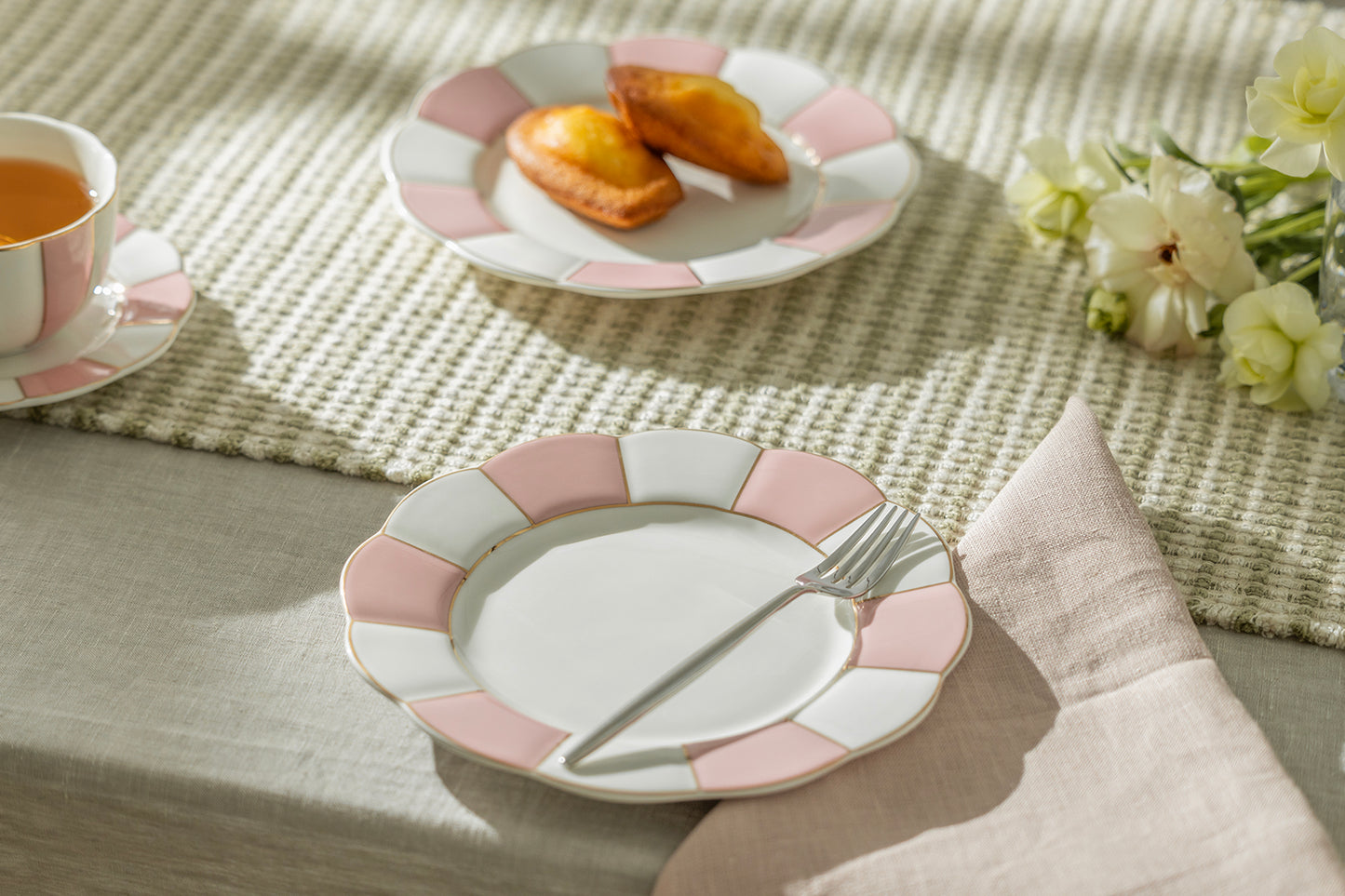 Pink and White Scallop Fine Porcelain Dessert Plate