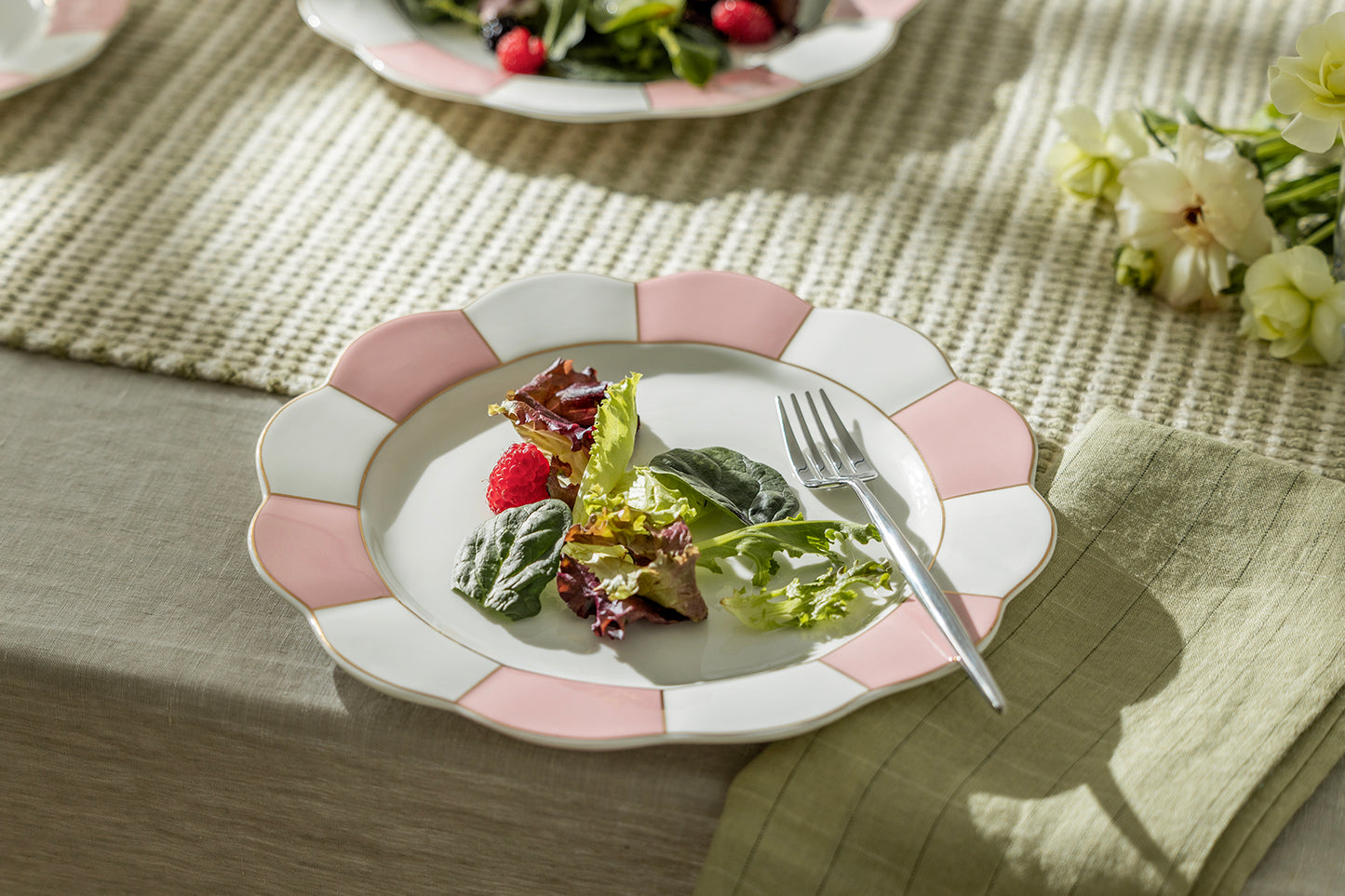 Pink and White Scallop Fine Porcelain Dinner Plate