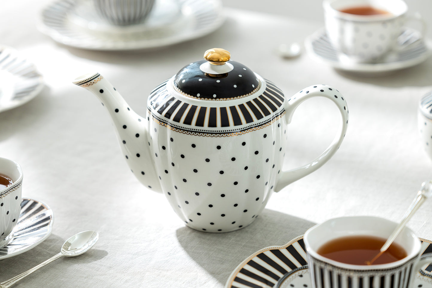 Black Josephine Stripes and Dots Fine Porcelain Teapot