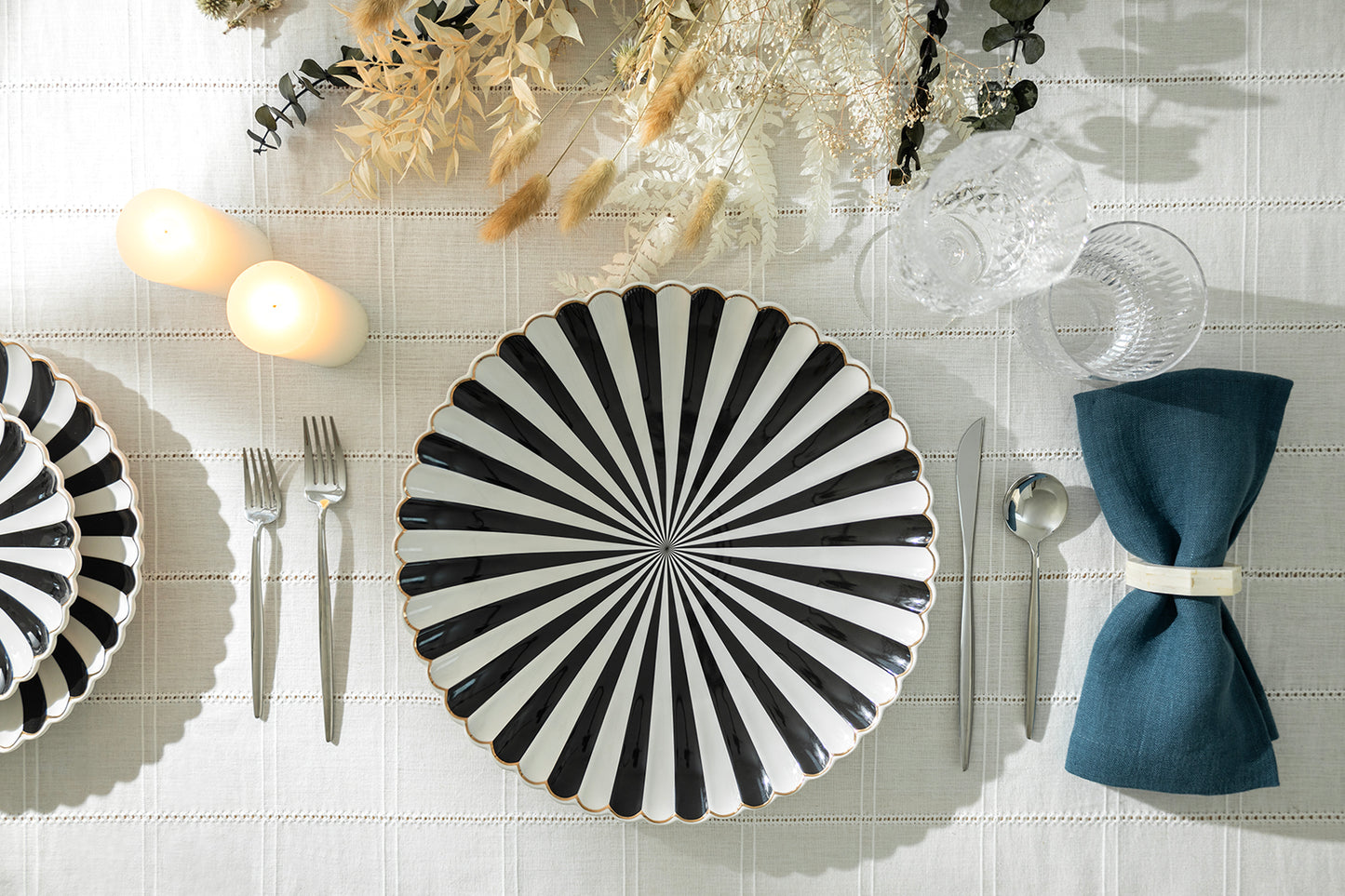 Black and White Stripe Scallop Fine Porcelain 12.5" Charger Plate