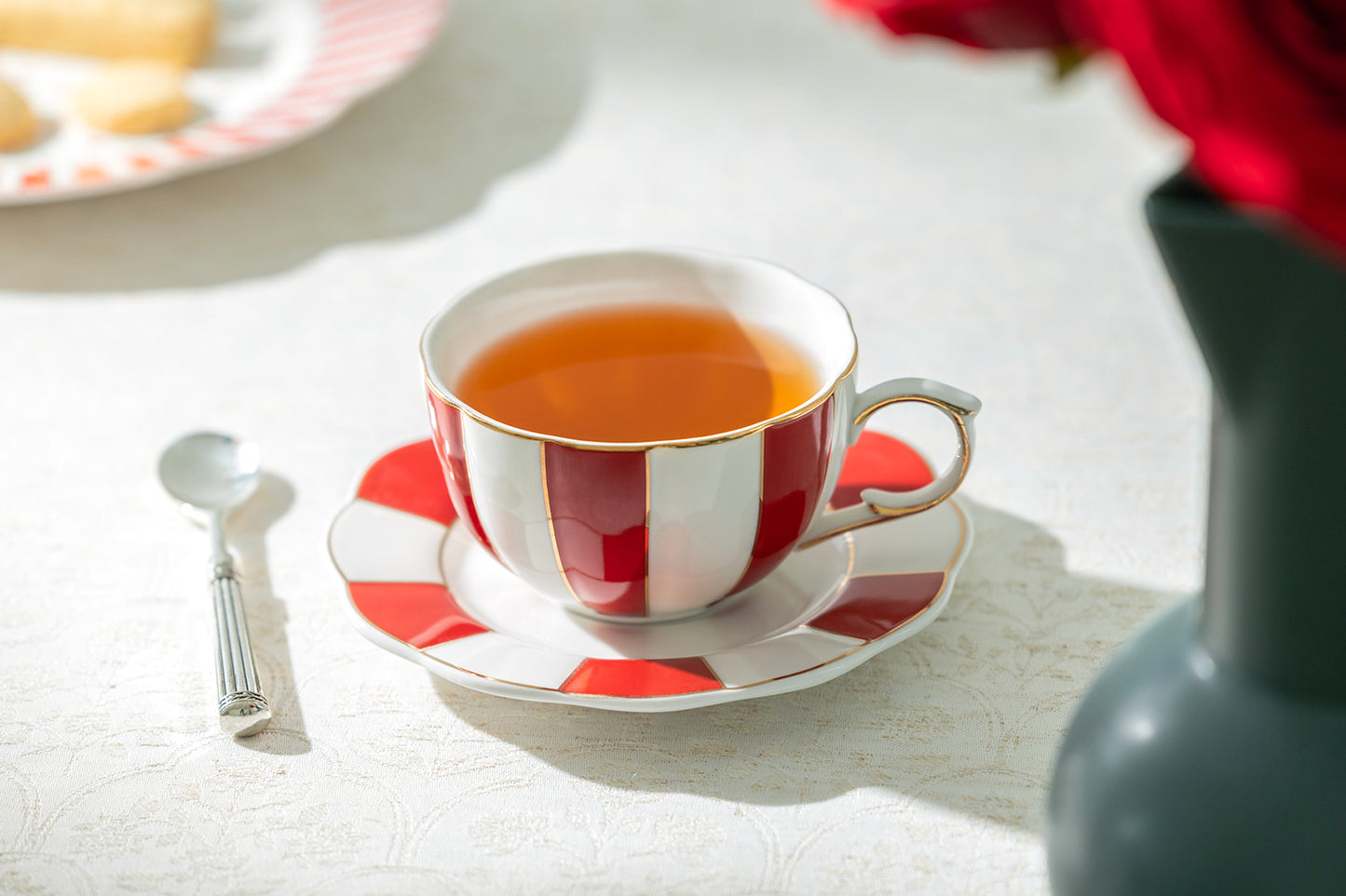 Red and White Scallop Fine Porcelain Tea Cup and Saucer