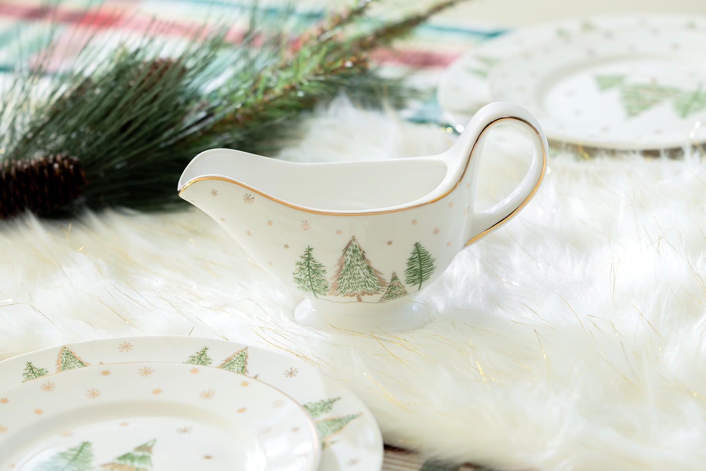 Christmas Pine Trees Fine Porcelain Gravy Boat