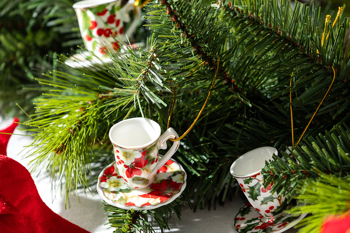 Holly Berries and Poinsettia Assorted Mini Teacups Ornament Set of 6