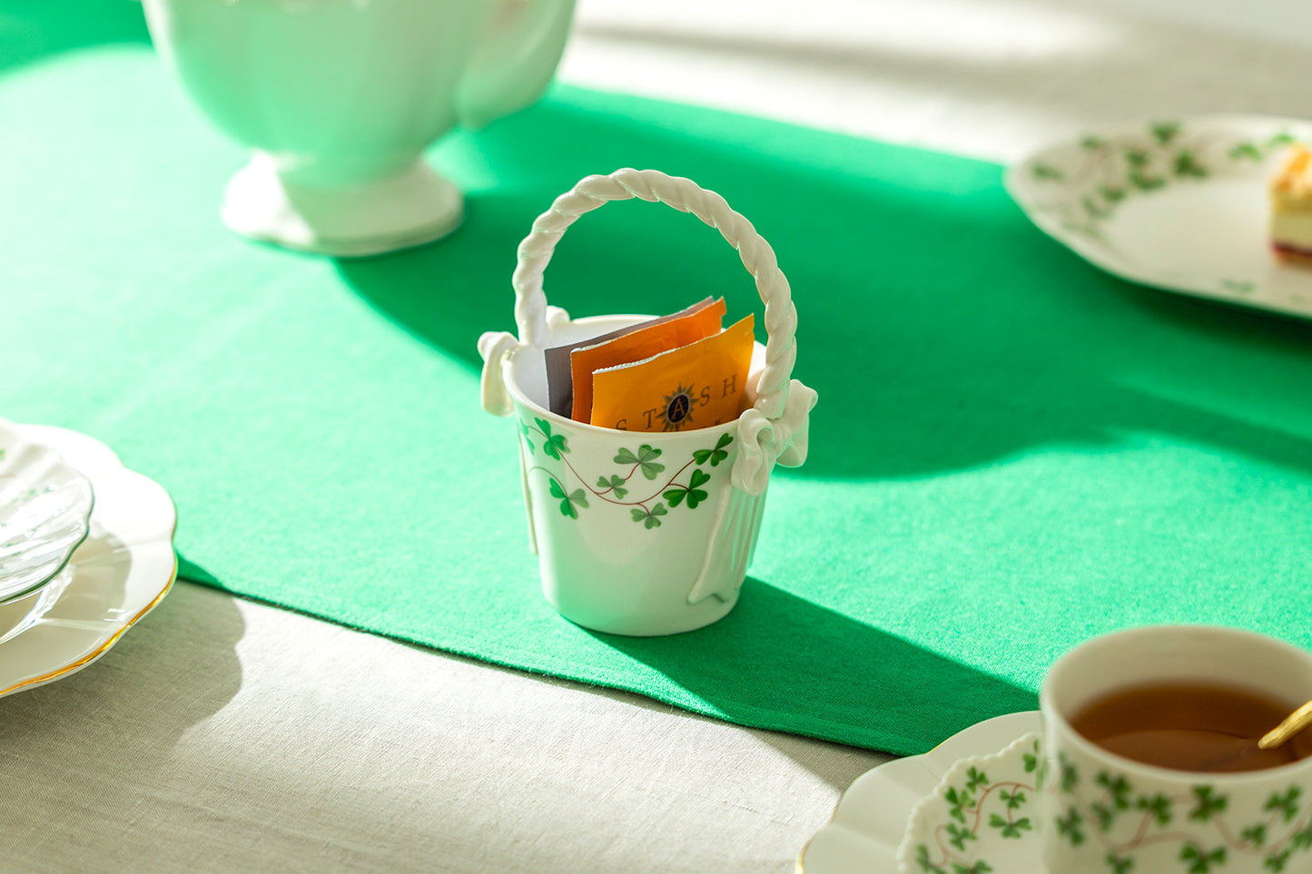 Shamrock Fine Porcelain Tea Bag Basket with Ribbon Bows
