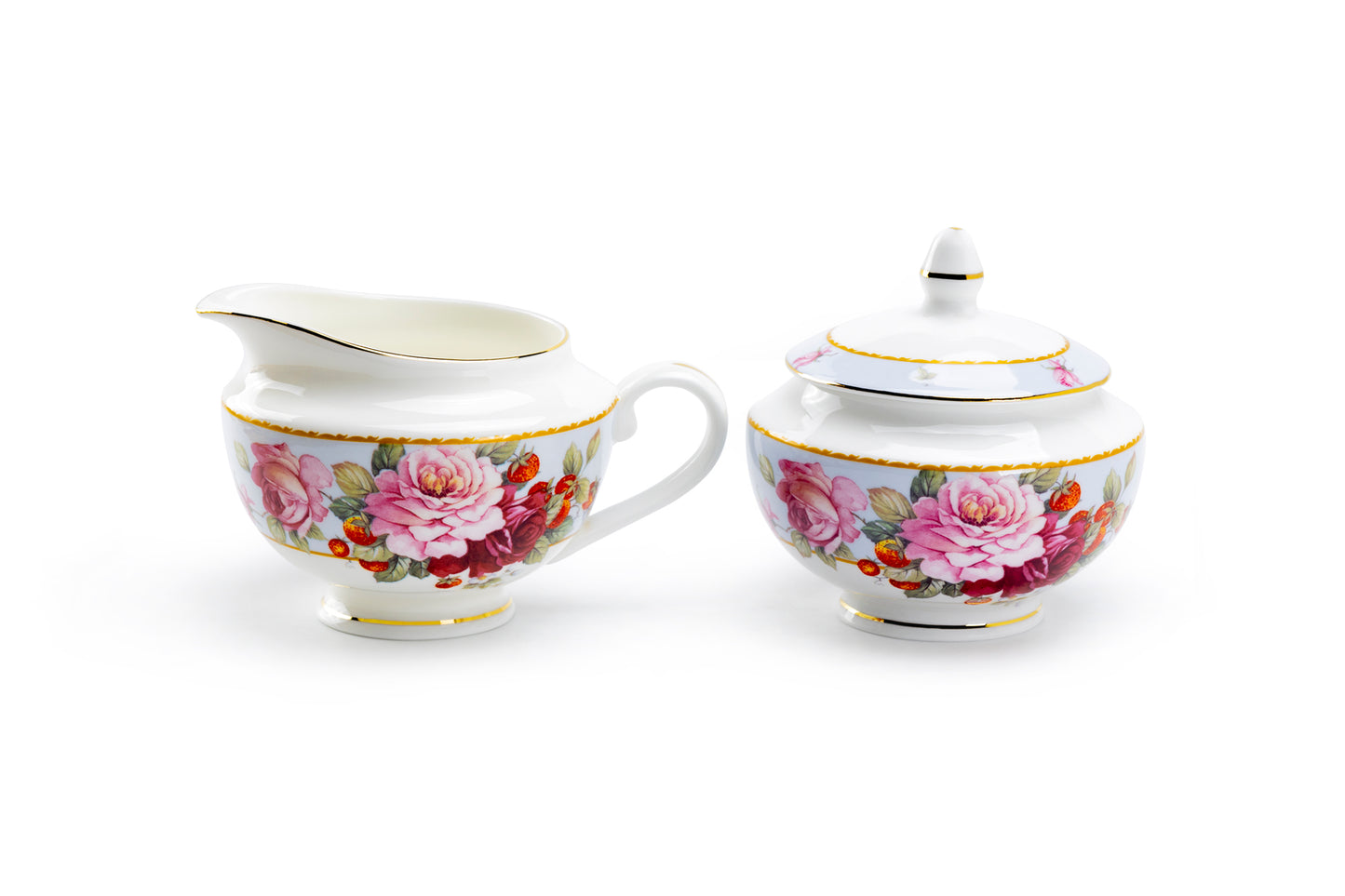 Peony and Strawberry Blue Bone China Sugar & Creamer Set