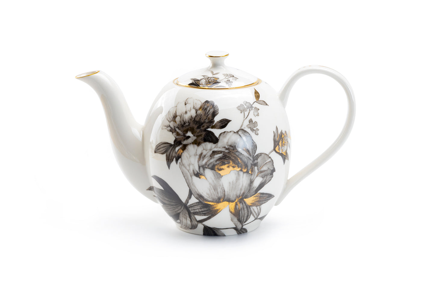 Black Gold Peony Fine Porcelain Teapot