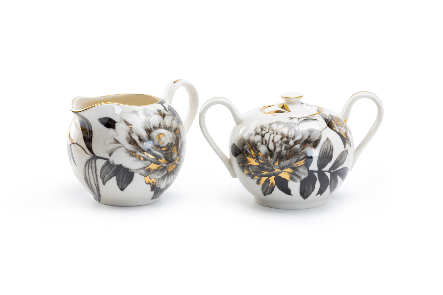 Black Gold Peony Fine Porcelain Sugar & Creamer Set