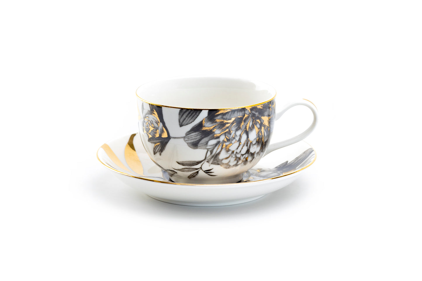 Black Gold Peony Fine Porcelain Tea Cup and Saucer
