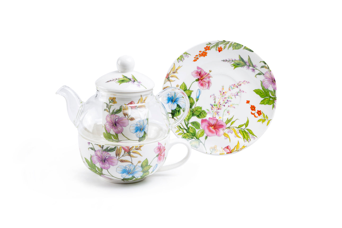 Hibiscus Harmony Glass and Fine Porcelain Tea For One Set