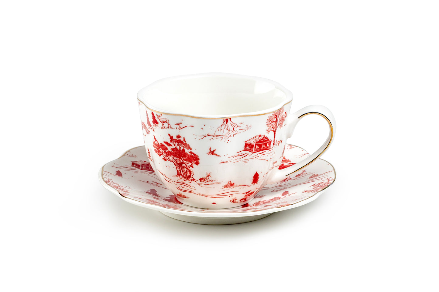 Red Village Fine Porcelain Tea Cup and Saucer