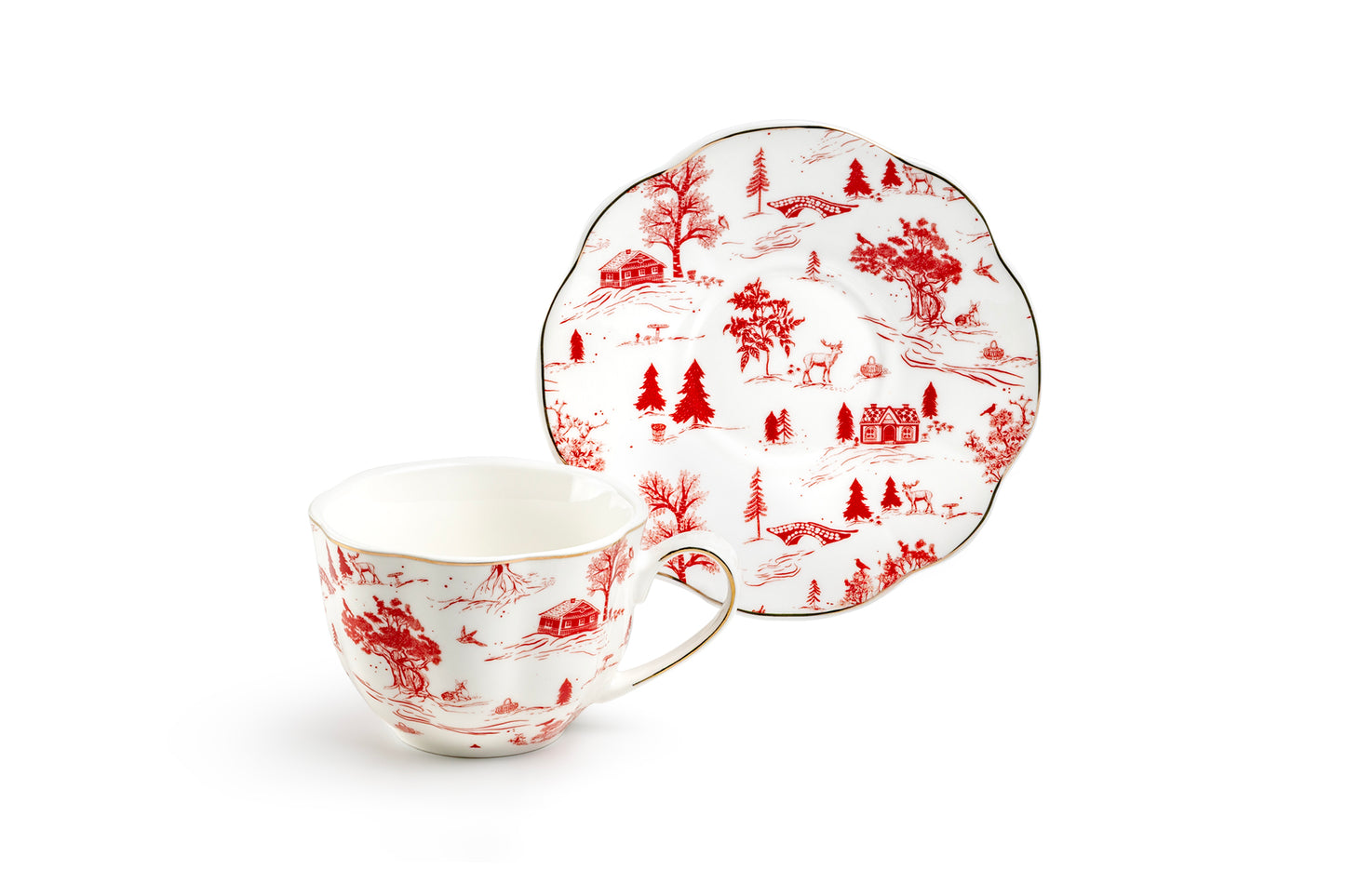 Red Village Fine Porcelain Tea Cup and Saucer