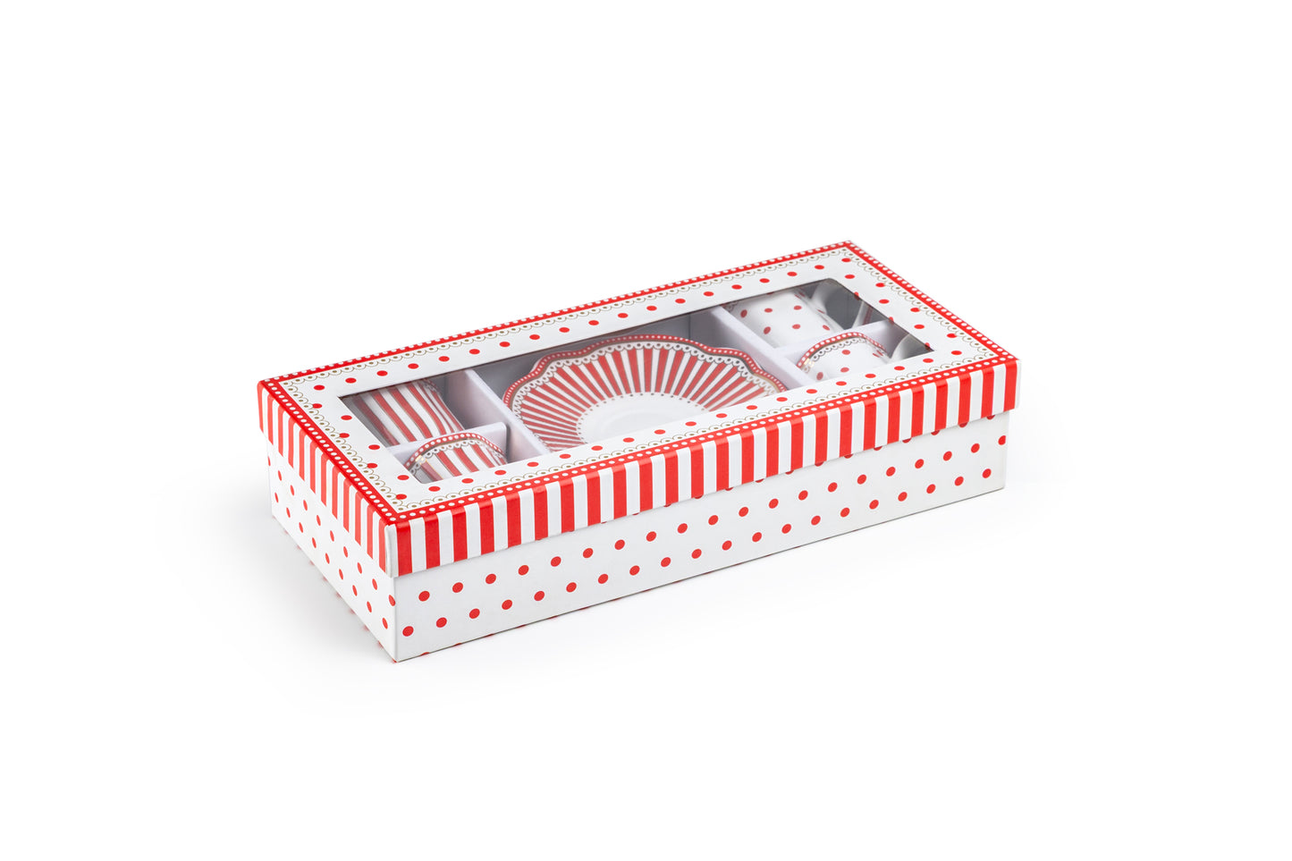 Gift Boxed Red Josephine Stripes and Dots 2oz Demitasse Cups and Saucers