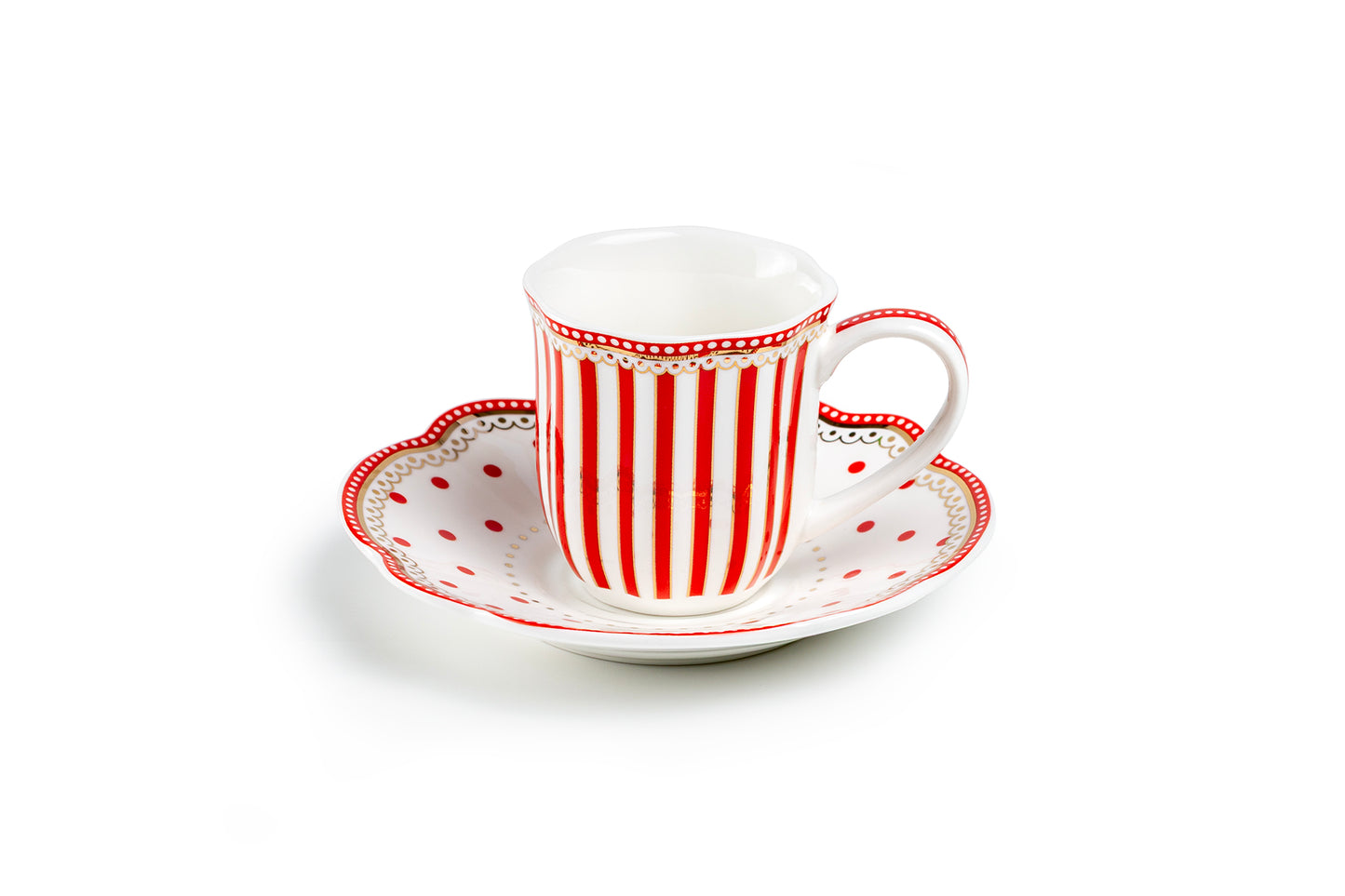 Gift Boxed Red Josephine Stripes and Dots 2oz Demitasse Cups and Saucers