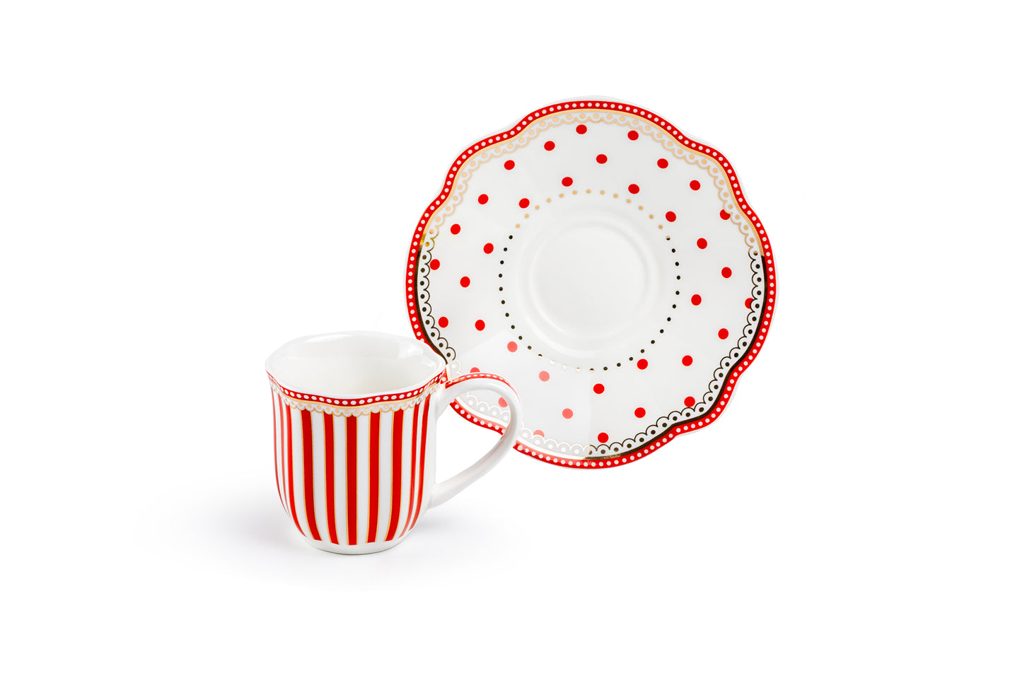 Gift Boxed Red Josephine Stripes and Dots 2oz Demitasse Cups and Saucers