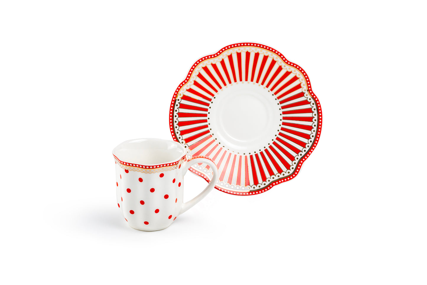 Gift Boxed Red Josephine Stripes and Dots 2oz Demitasse Cups and Saucers