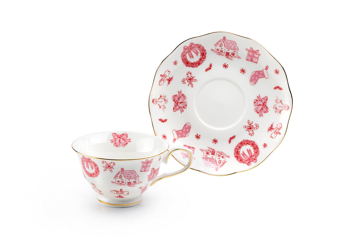 Christmas Pink Bow Fine Porcelain Tea Cup and Saucer