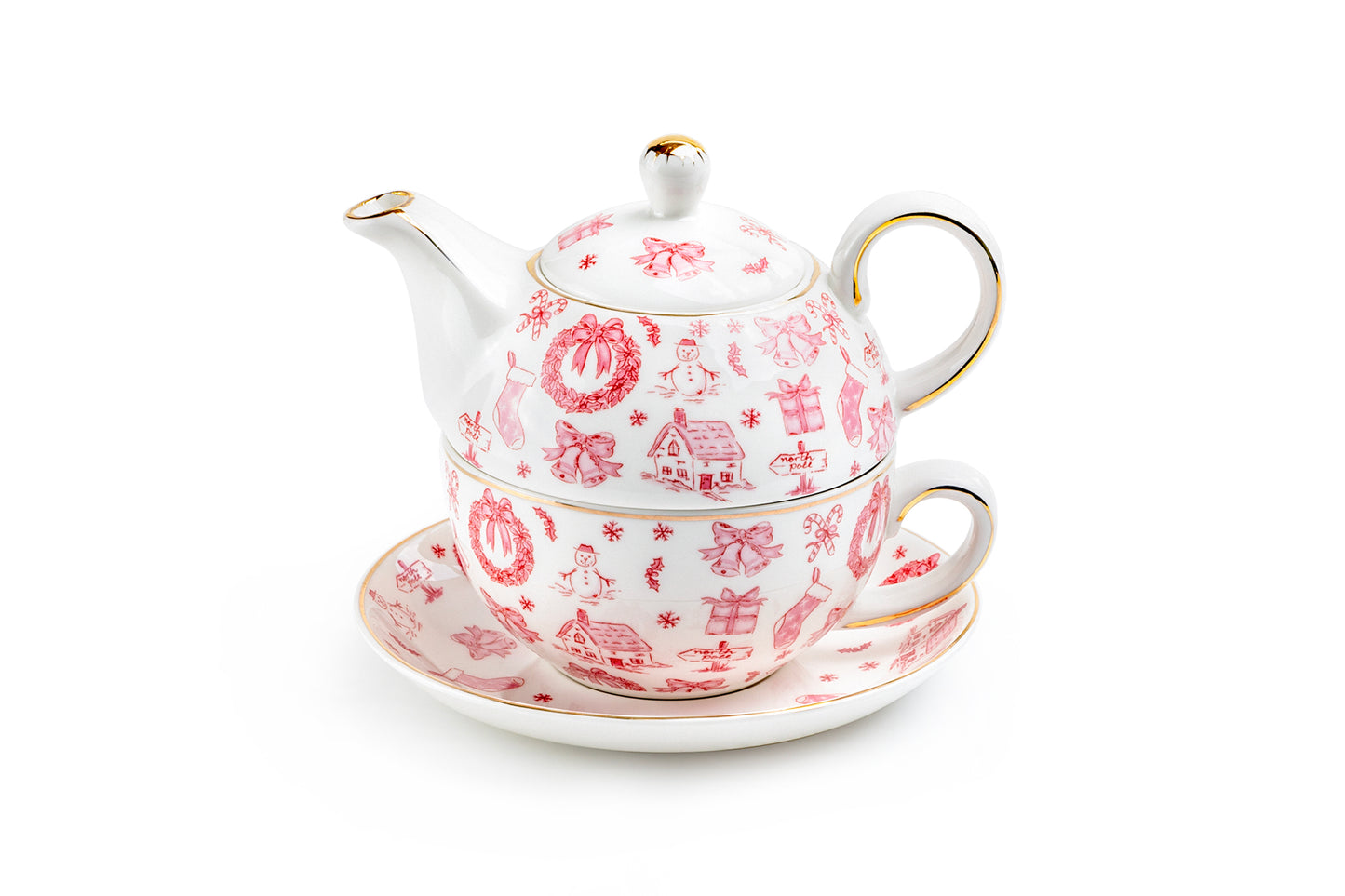 Christmas Pink Bow Fine Porcelain Tea For One Set
