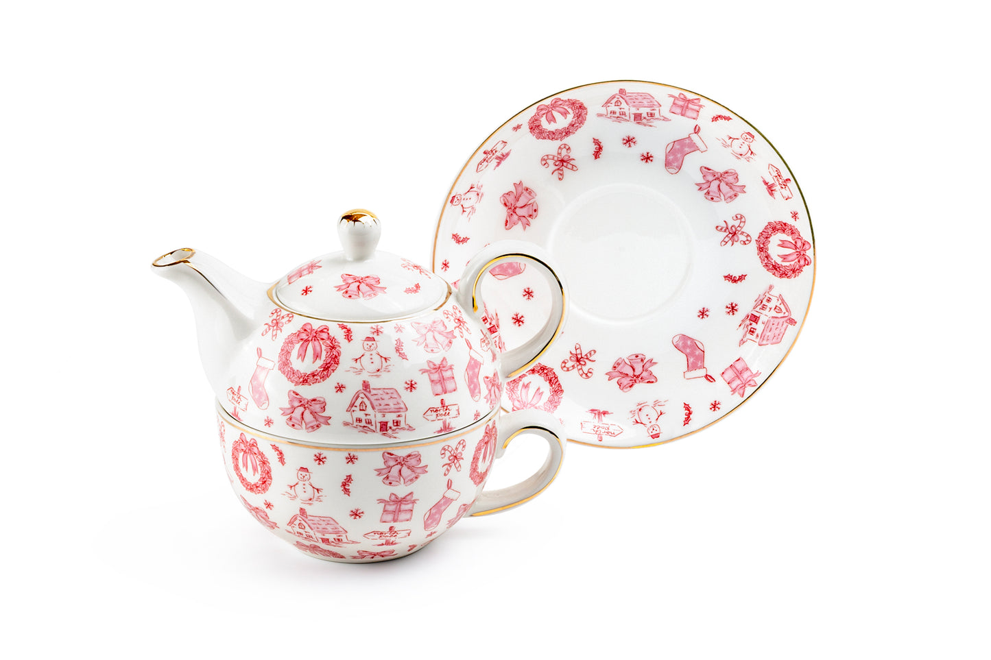 Christmas Pink Bow Fine Porcelain Tea For One Set