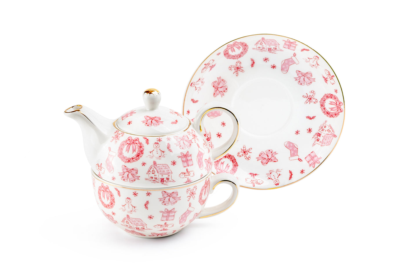 Christmas Pink Bow Fine Porcelain Tea For One Set