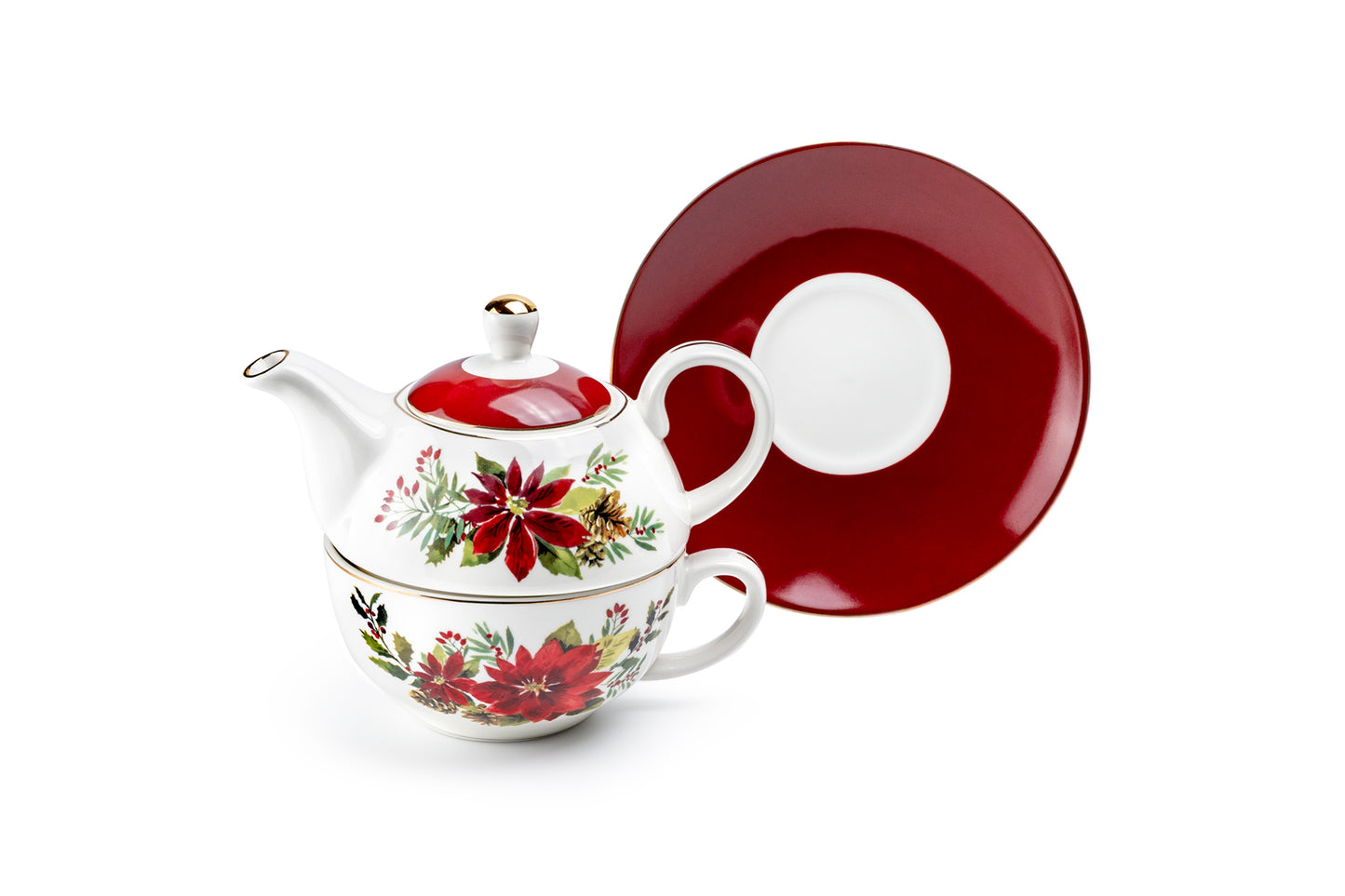 Poinsettia Pine Cone Fine Porcelain Tea For One Set