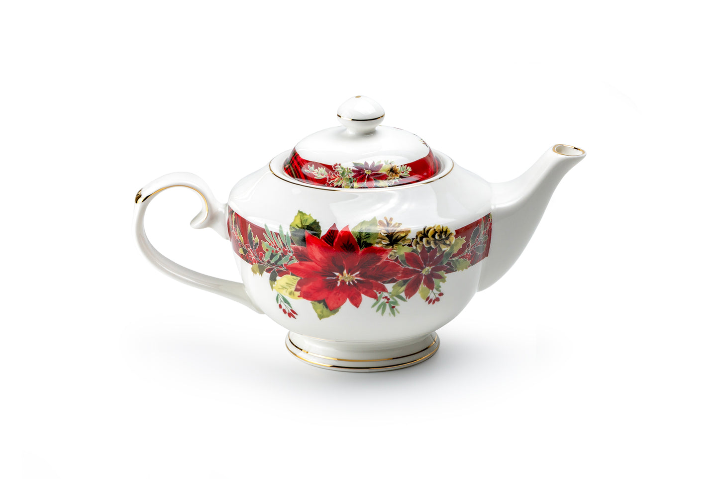 Poinsettia Pine Cone Fine Porcelain Teapot