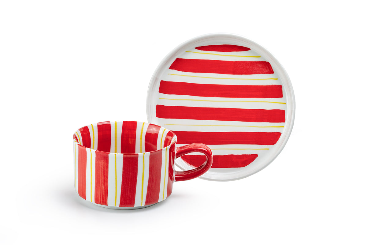 Red & Yellow Stripes Cup and Saucer - 11oz
