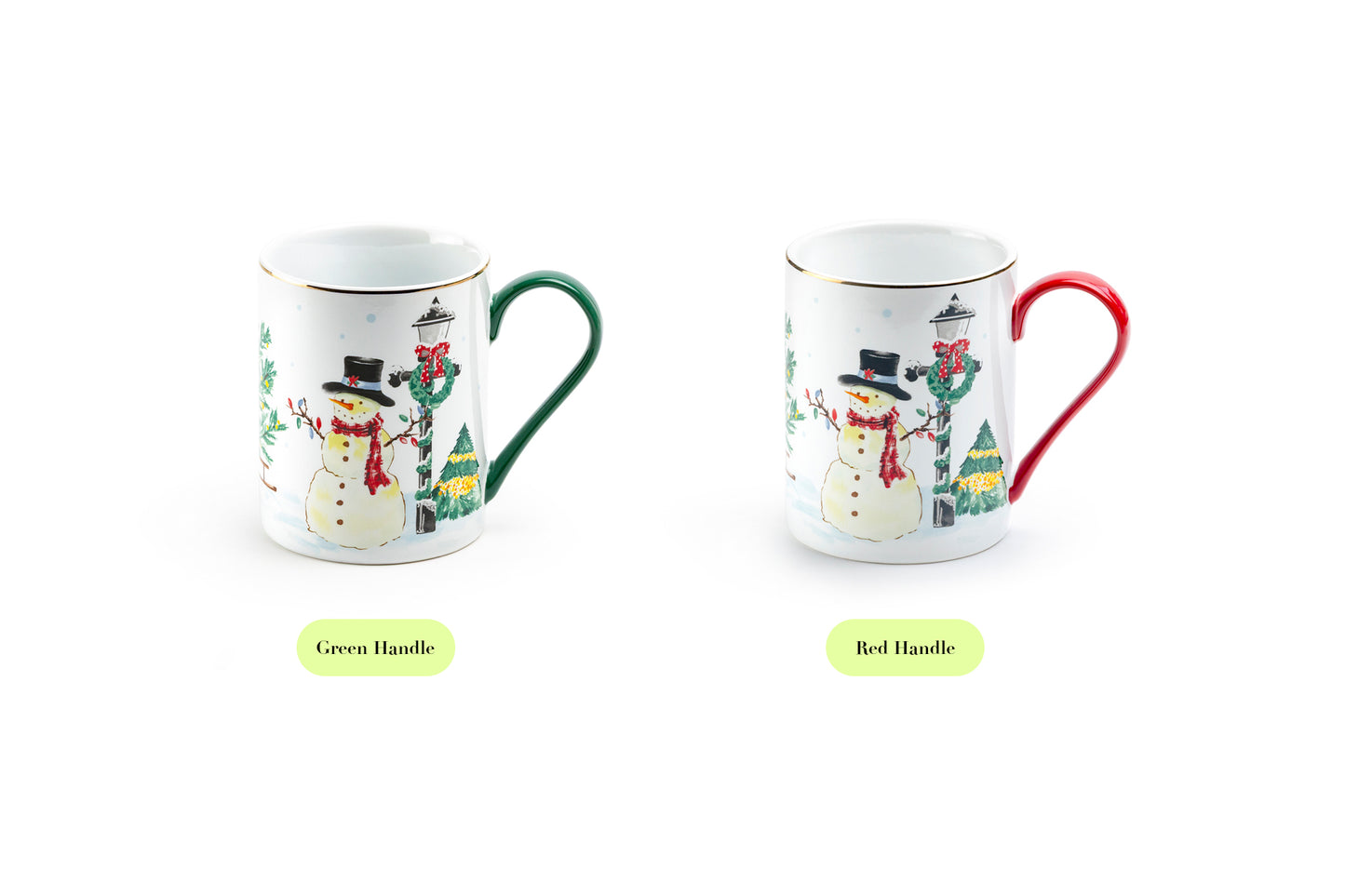 Jolly Snowman Fine Porcelain Mug with Green Handle