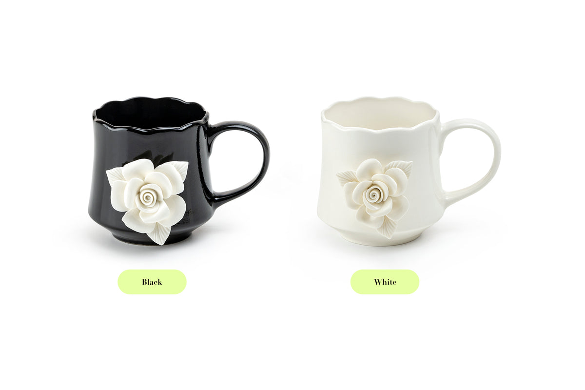 Black & White Sculpted Rose Fine Porcelain Mug Set of 2