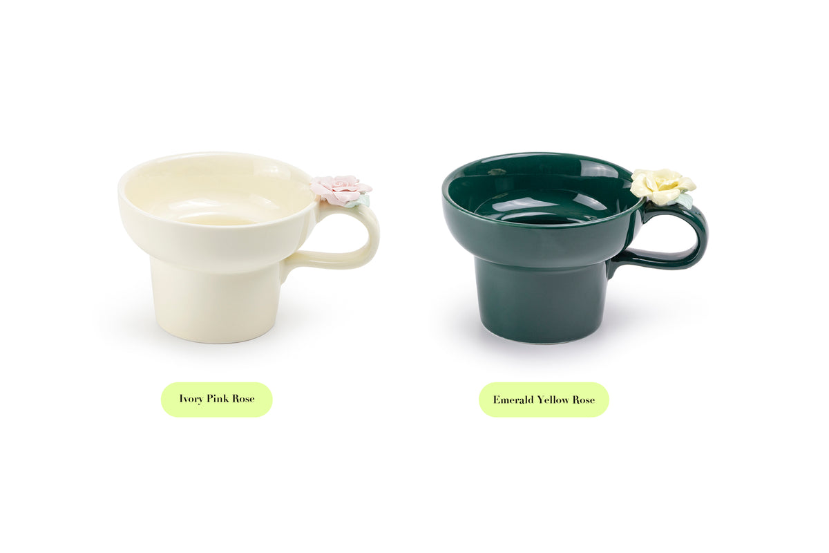 Emerald Green Yellow Sculpted Rose Fine Porcelain Mug Set of 2