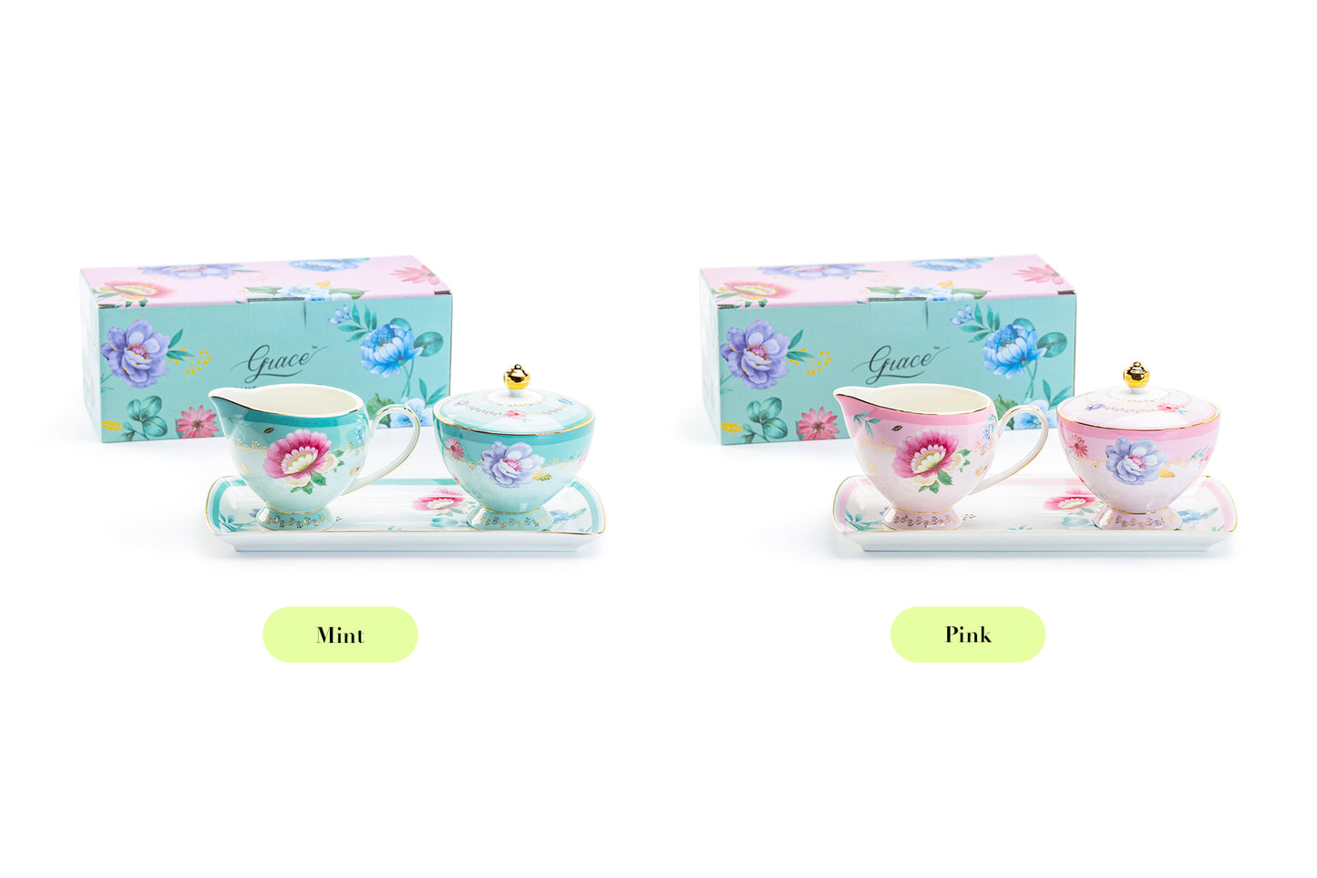 Pink Flower Garden Fine Porcelain Sugar Creamer & Serving Tray Set