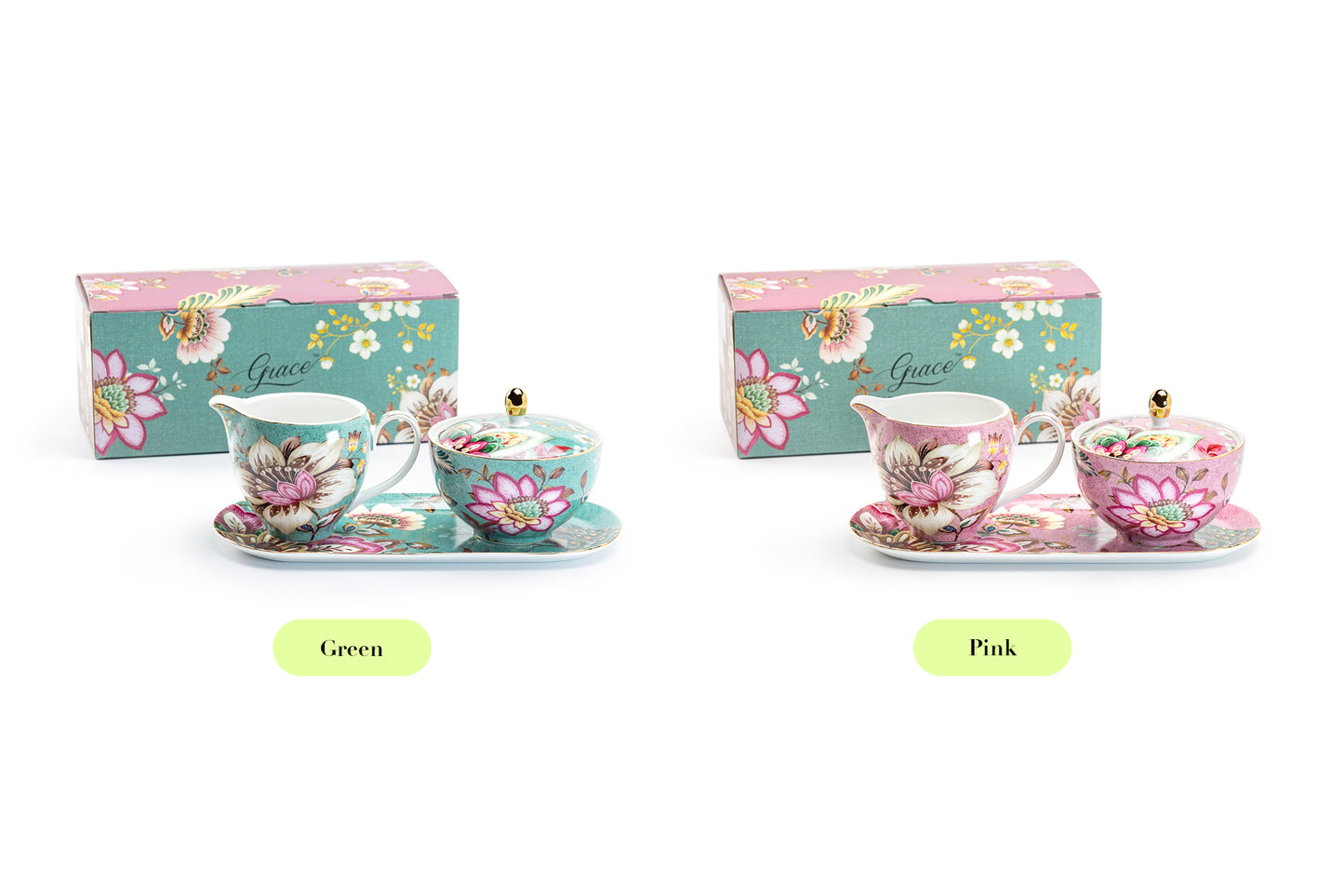Gift Boxed Peacock Lotus Garden Green Fine Porcelain Sugar Creamer & Serving Tray Set