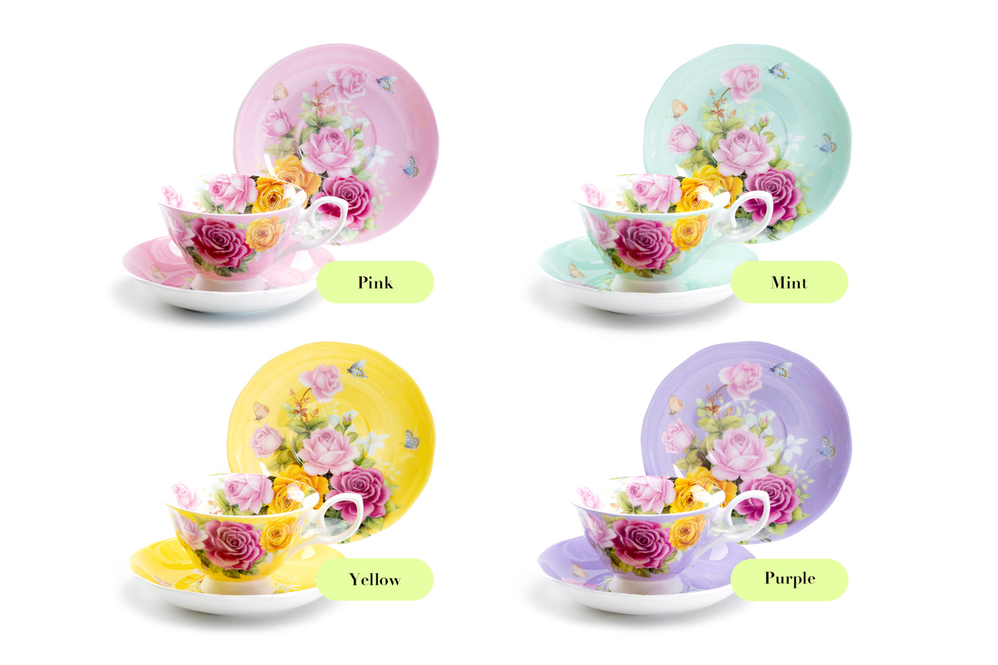 Rose Bouquet Purple Bone China Tea Cup and Saucer
