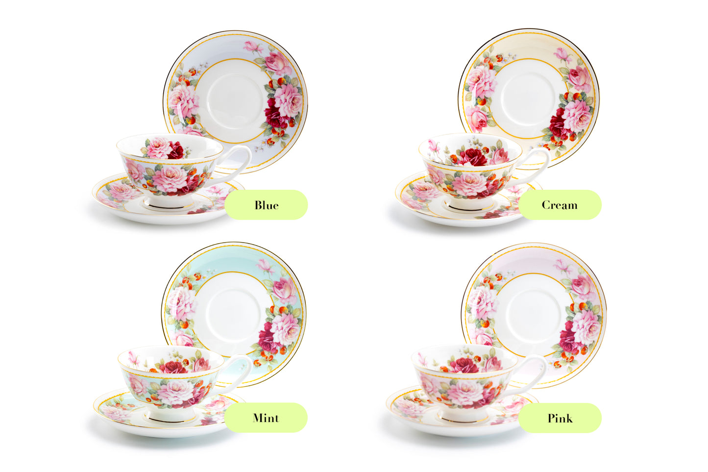 Peony and Strawberry Cream Bone China Tea Cup and Saucer